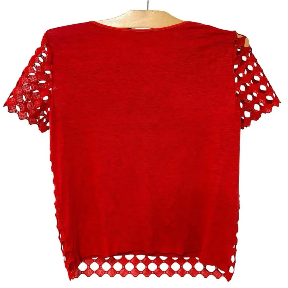 Tory Burch | Top Lace Linen Red Short Sleeve Pullover Classic- Size XS